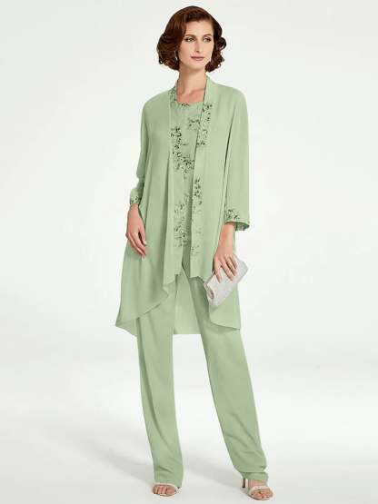 Floor-Length Round Neck Chiffon Pantsuits with Jacket for the Mother of the Bride-BMbridal