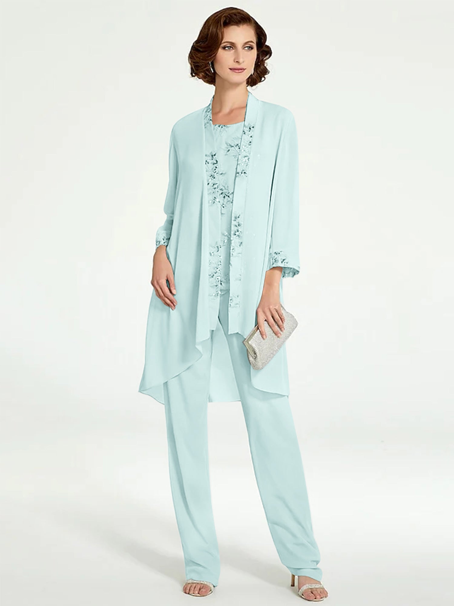 Floor-Length Round Neck Chiffon Pantsuits with Jacket for the Mother of the Bride-BMbridal