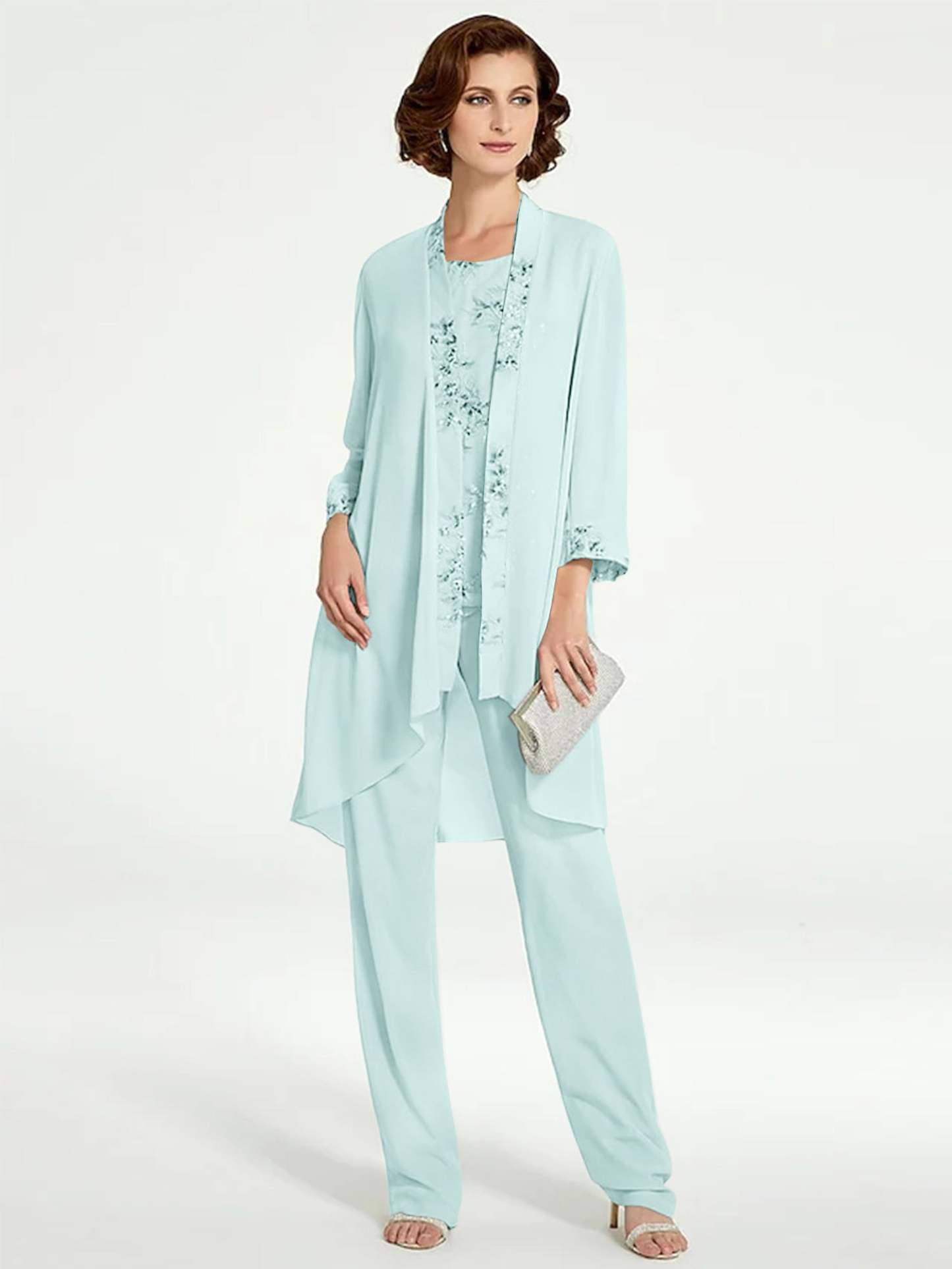 Floor-Length Round Neck Chiffon Pantsuits with Jacket for the Mother of the Bride-BMbridal