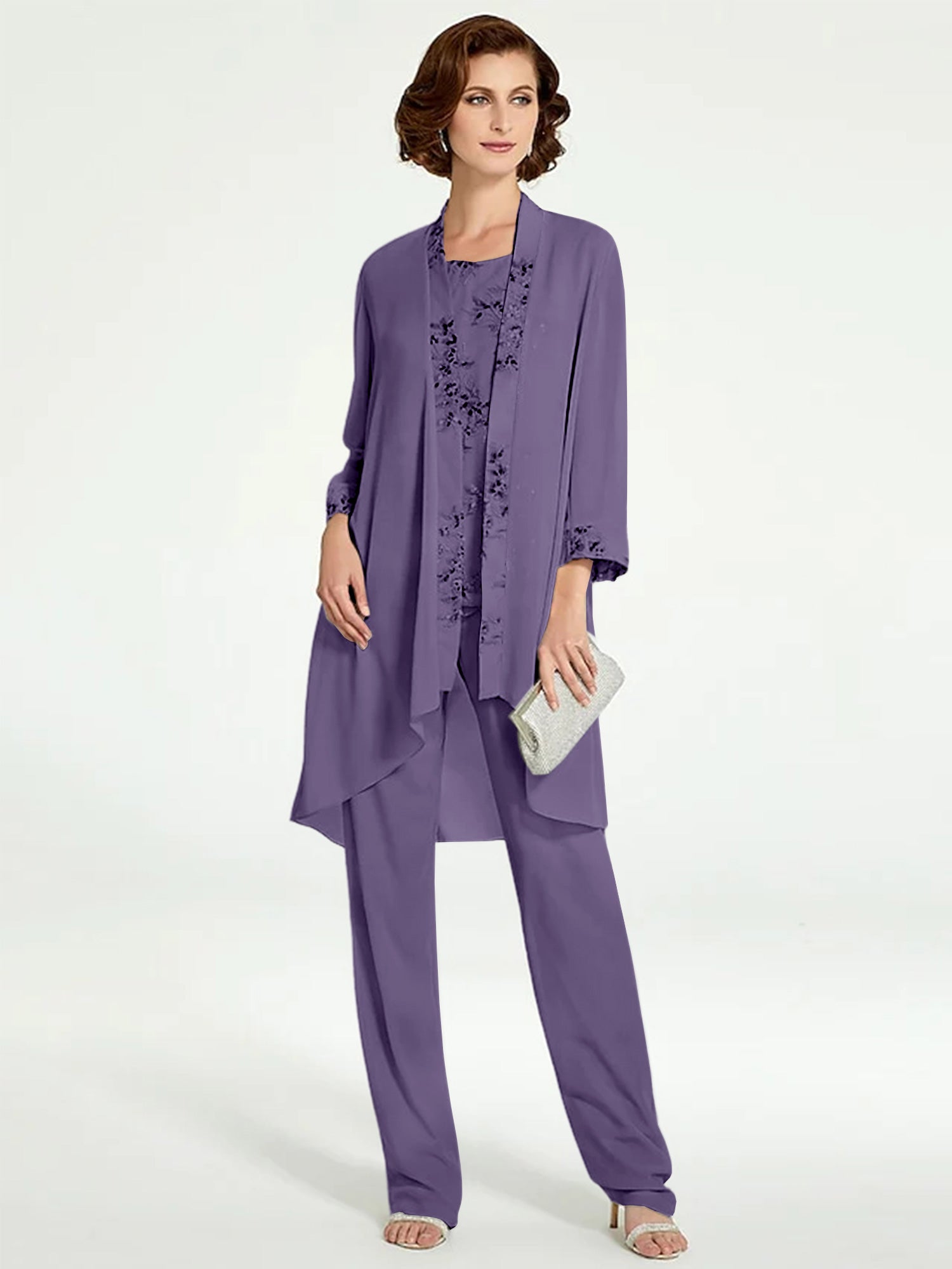 Floor-Length Round Neck Chiffon Pantsuits with Jacket for the Mother of the Bride-BMbridal