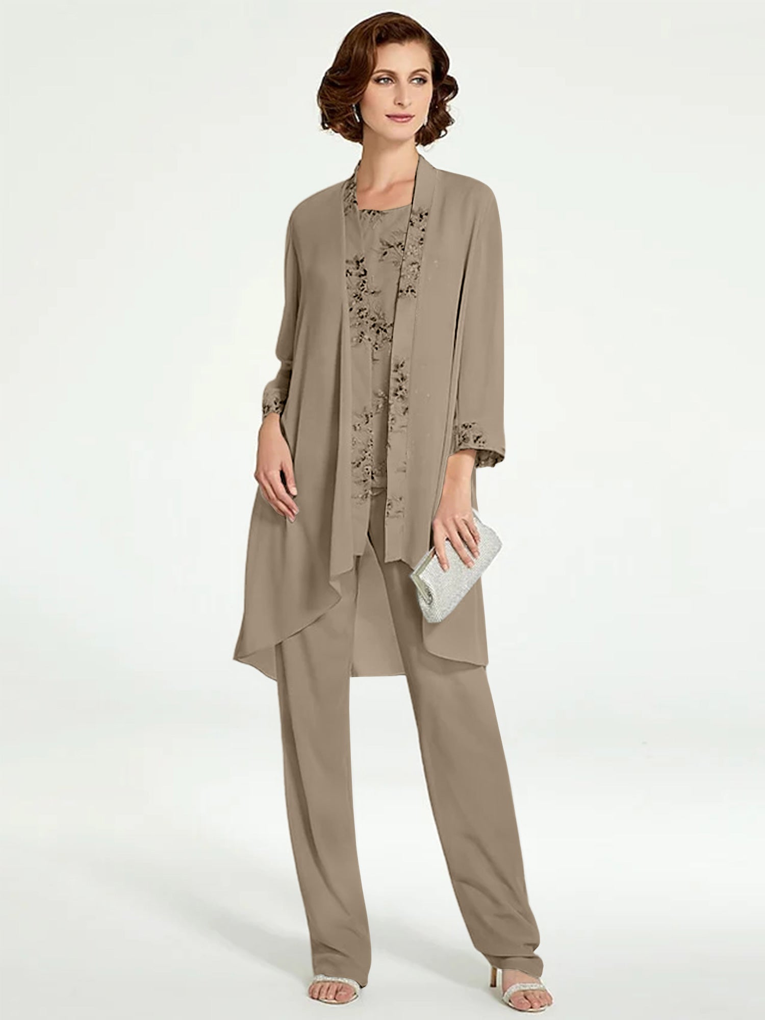Floor-Length Round Neck Chiffon Pantsuits with Jacket for the Mother of the Bride-BMbridal