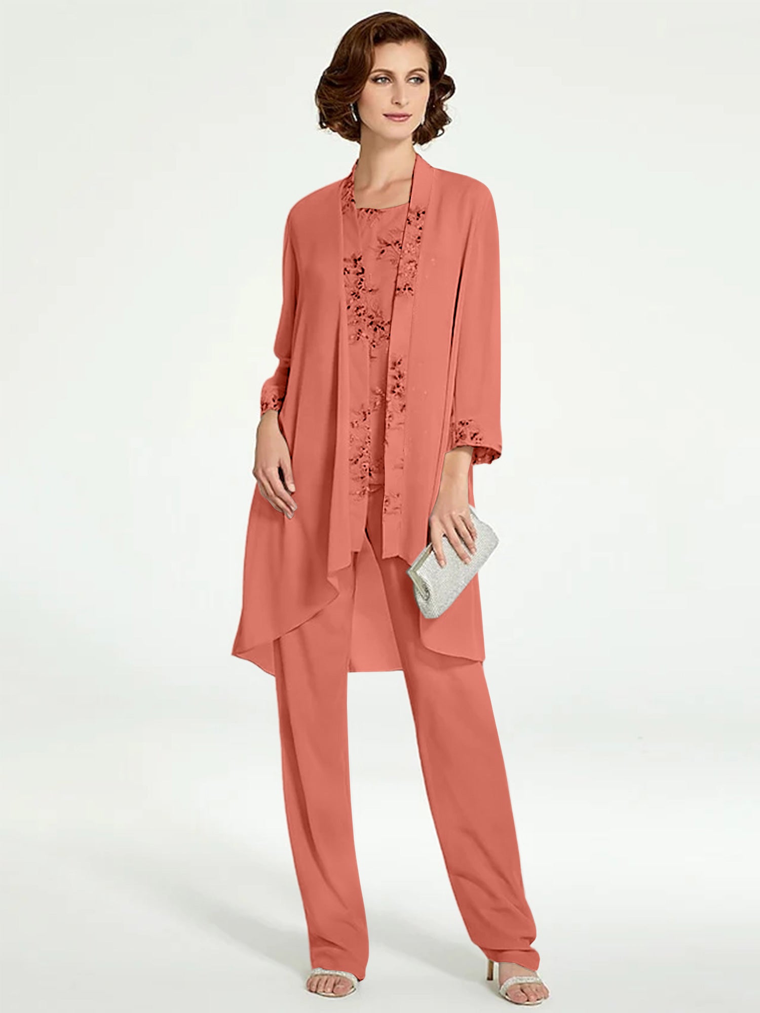 Floor-Length Round Neck Chiffon Pantsuits with Jacket for the Mother of the Bride-BMbridal