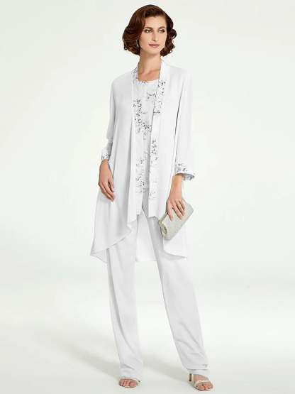 Floor-Length Round Neck Chiffon Pantsuits with Jacket for the Mother of the Bride-BMbridal
