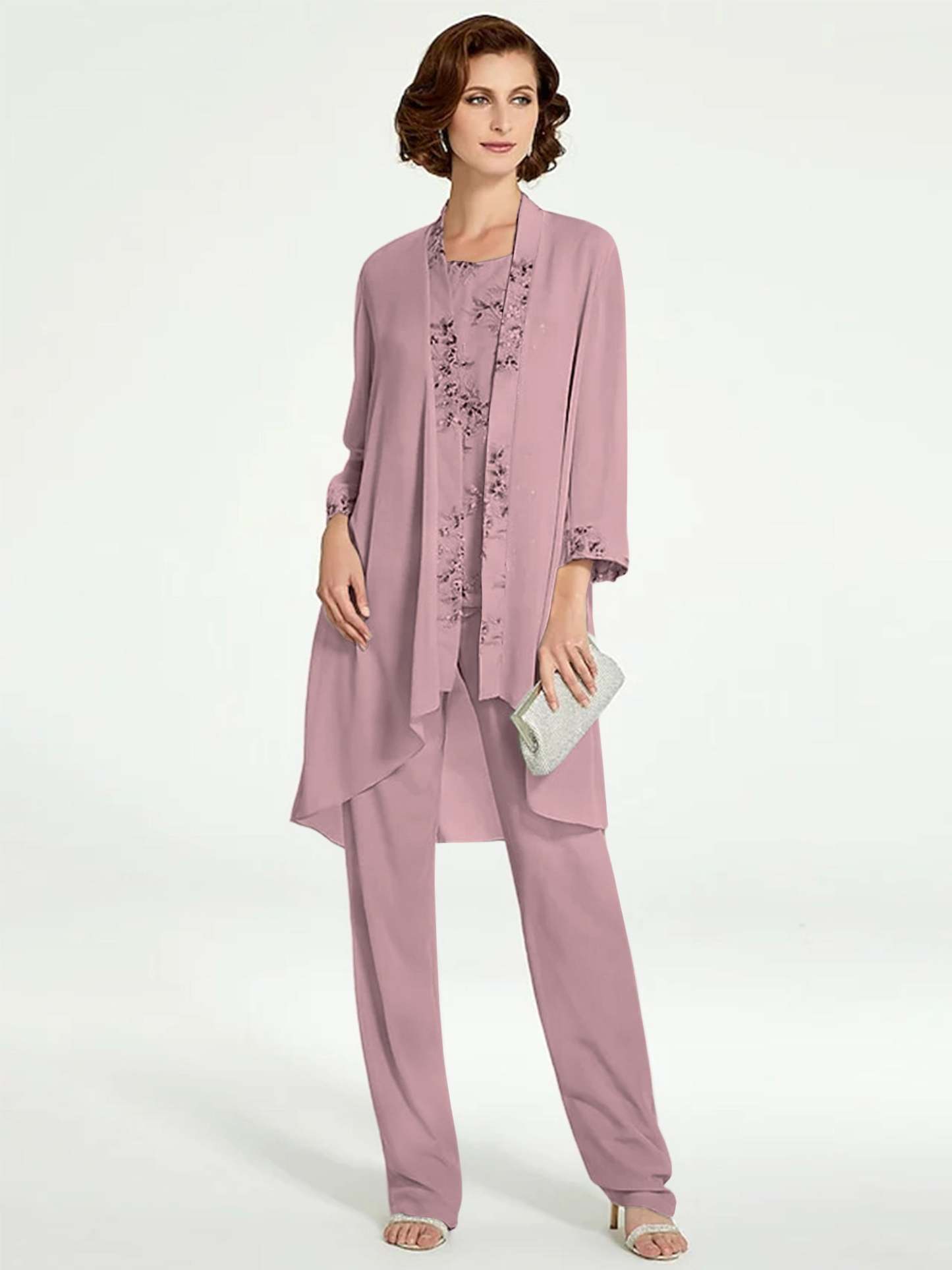 Floor-Length Round Neck Chiffon Pantsuits with Jacket for the Mother of the Bride-BMbridal