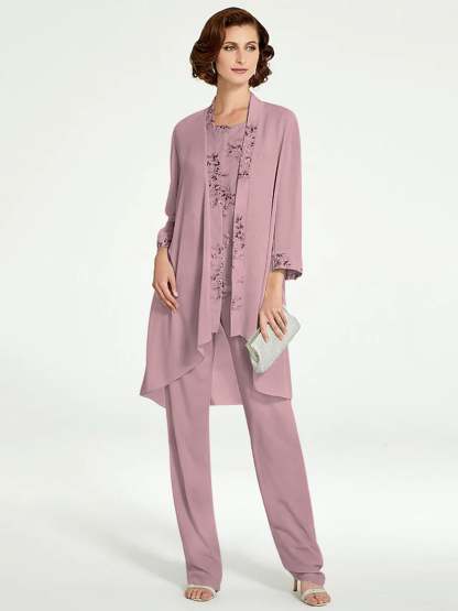 Floor-Length Round Neck Chiffon Pantsuits with Jacket for the Mother of the Bride-BMbridal