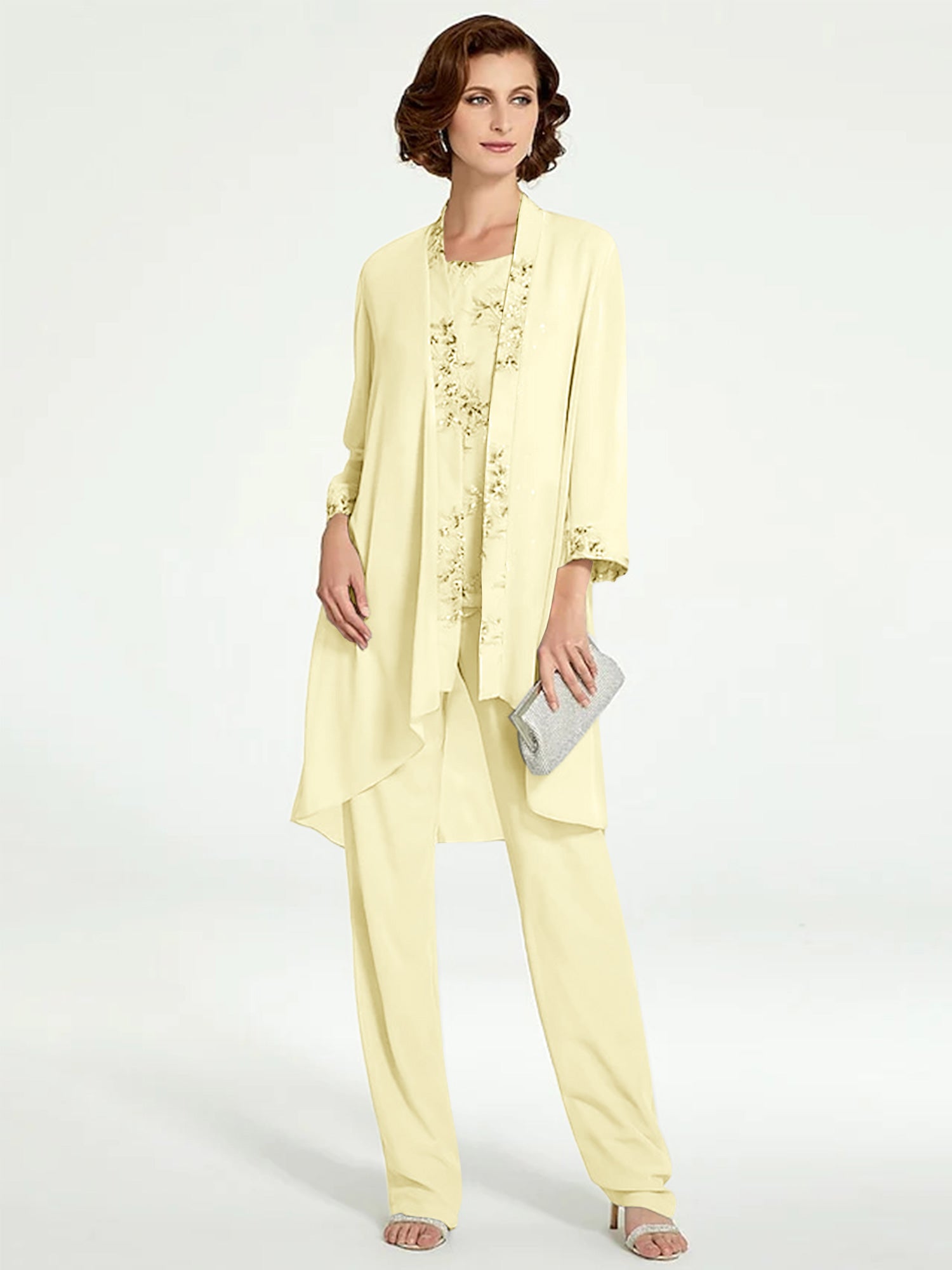 Floor-Length Round Neck Chiffon Pantsuits with Jacket for the Mother of the Bride-BMbridal