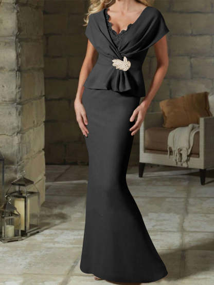 V-Neck Belted Mother of the Bride Sheath/Column Dresses-BMbridal