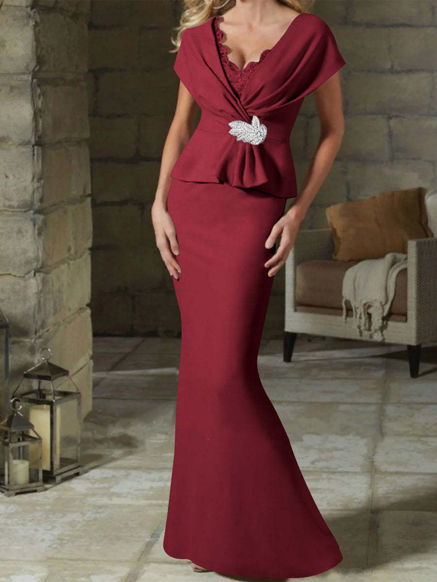 V-Neck Belted Mother of the Bride Sheath/Column Dresses-BMbridal