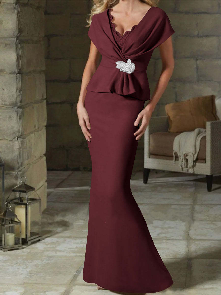 V-Neck Belted Mother of the Bride Sheath/Column Dresses-BMbridal