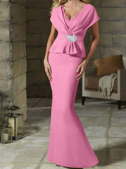 V-Neck Belted Mother of the Bride Sheath/Column Dresses-BMbridal