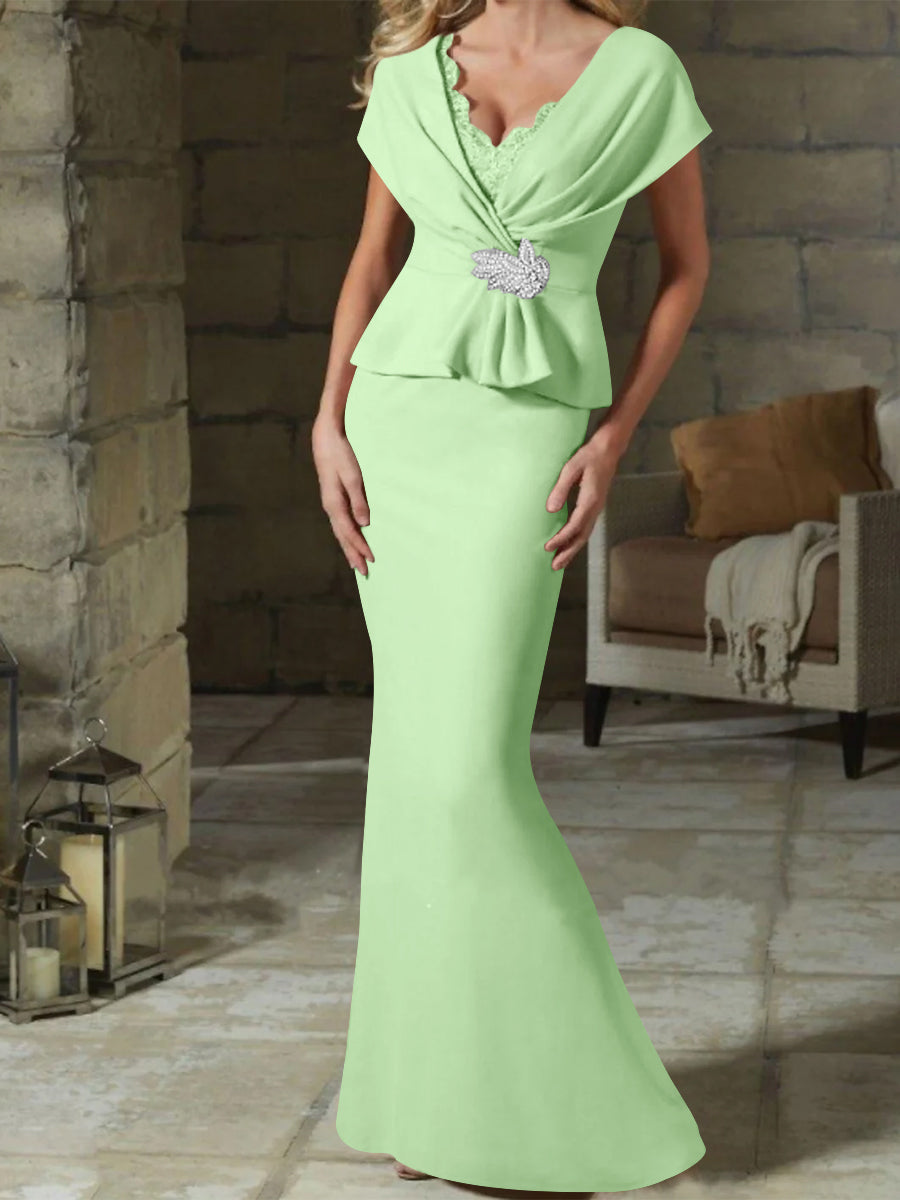 V-Neck Belted Mother of the Bride Sheath/Column Dresses-BMbridal