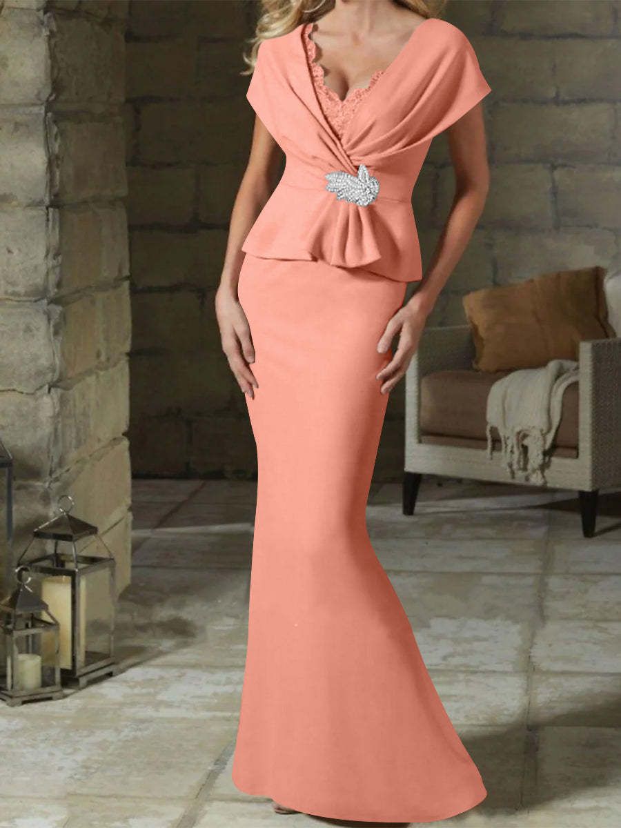 V-Neck Belted Mother of the Bride Sheath/Column Dresses-BMbridal
