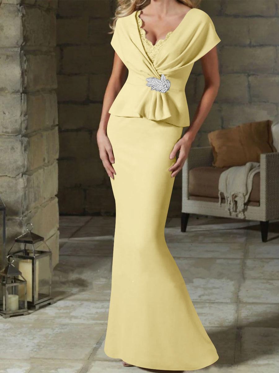 V-Neck Belted Mother of the Bride Sheath/Column Dresses-BMbridal