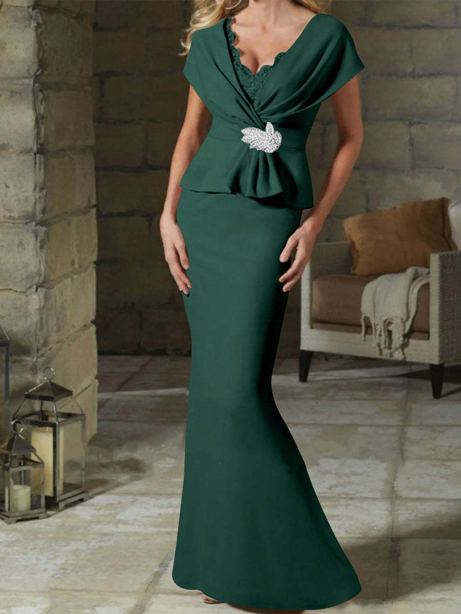 V-Neck Belted Mother of the Bride Sheath/Column Dresses-BMbridal