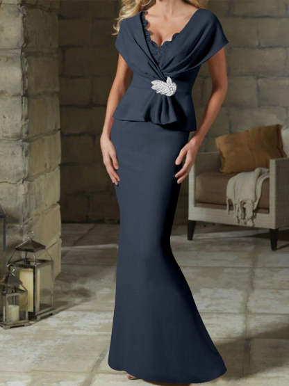 V-Neck Belted Mother of the Bride Sheath/Column Dresses-BMbridal