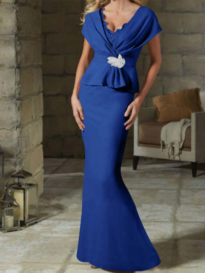 V-Neck Belted Mother of the Bride Sheath/Column Dresses-BMbridal