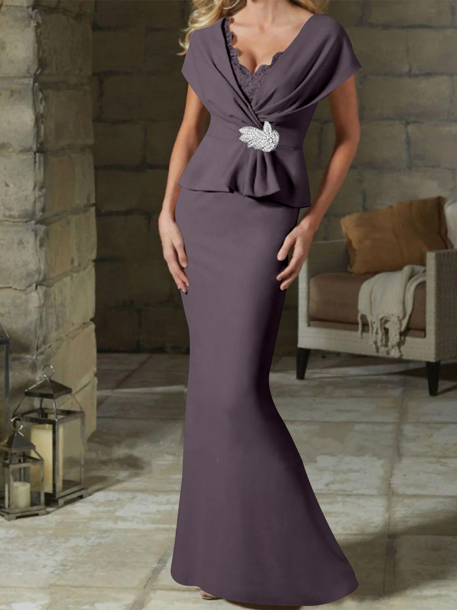 V-Neck Belted Mother of the Bride Sheath/Column Dresses-BMbridal
