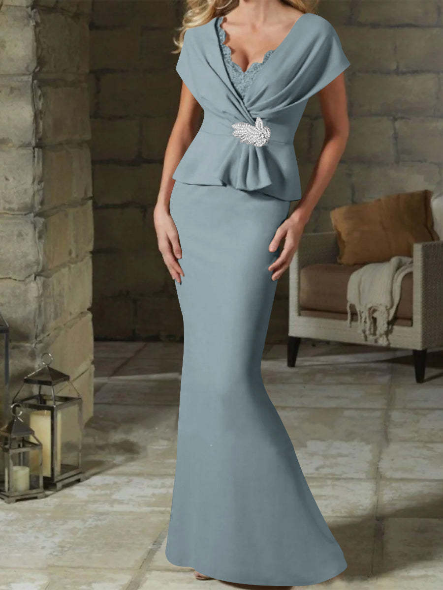 V-Neck Belted Mother of the Bride Sheath/Column Dresses-BMbridal