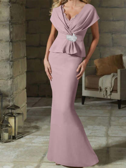 V-Neck Belted Mother of the Bride Sheath/Column Dresses-BMbridal