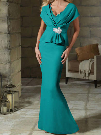 V-Neck Belted Mother of the Bride Sheath/Column Dresses-BMbridal