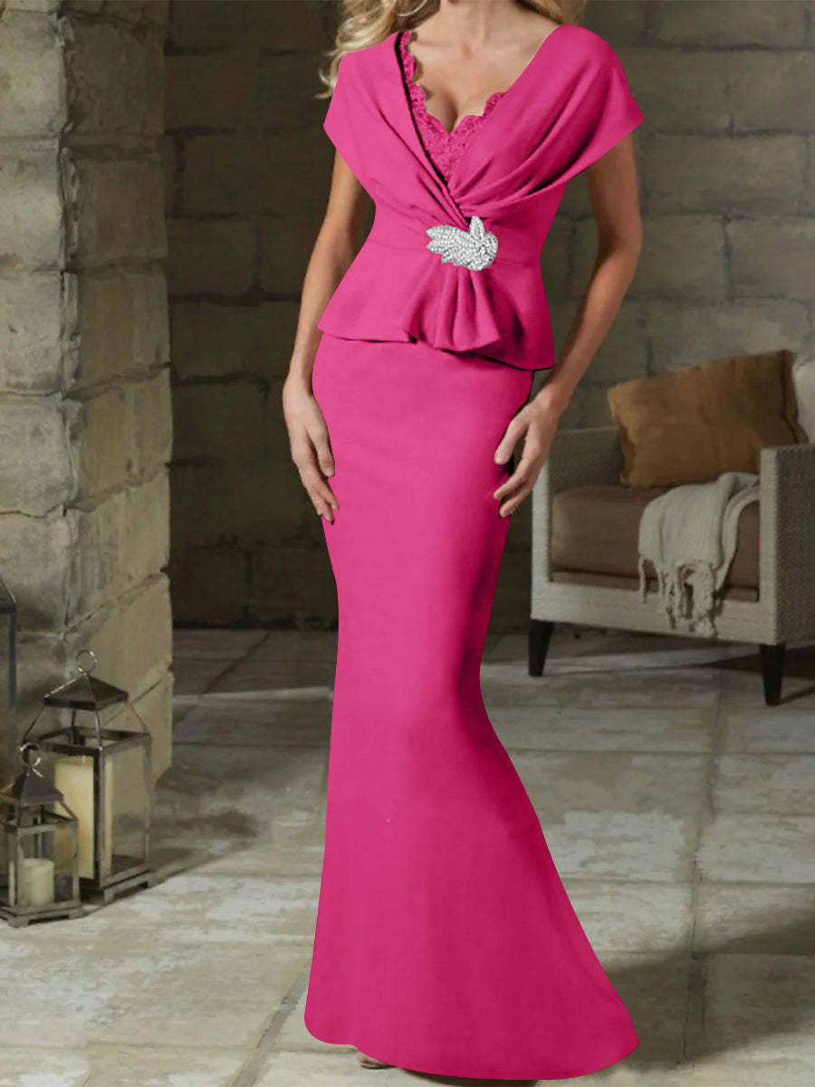 V-Neck Belted Mother of the Bride Sheath/Column Dresses-BMbridal