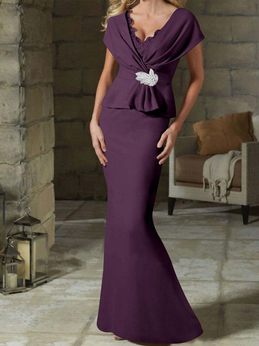 V-Neck Belted Mother of the Bride Sheath/Column Dresses-BMbridal