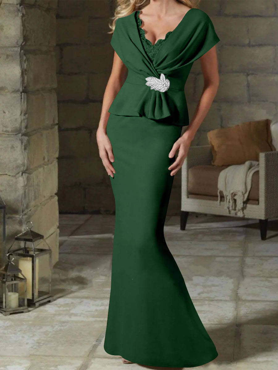 V-Neck Belted Mother of the Bride Sheath/Column Dresses-BMbridal