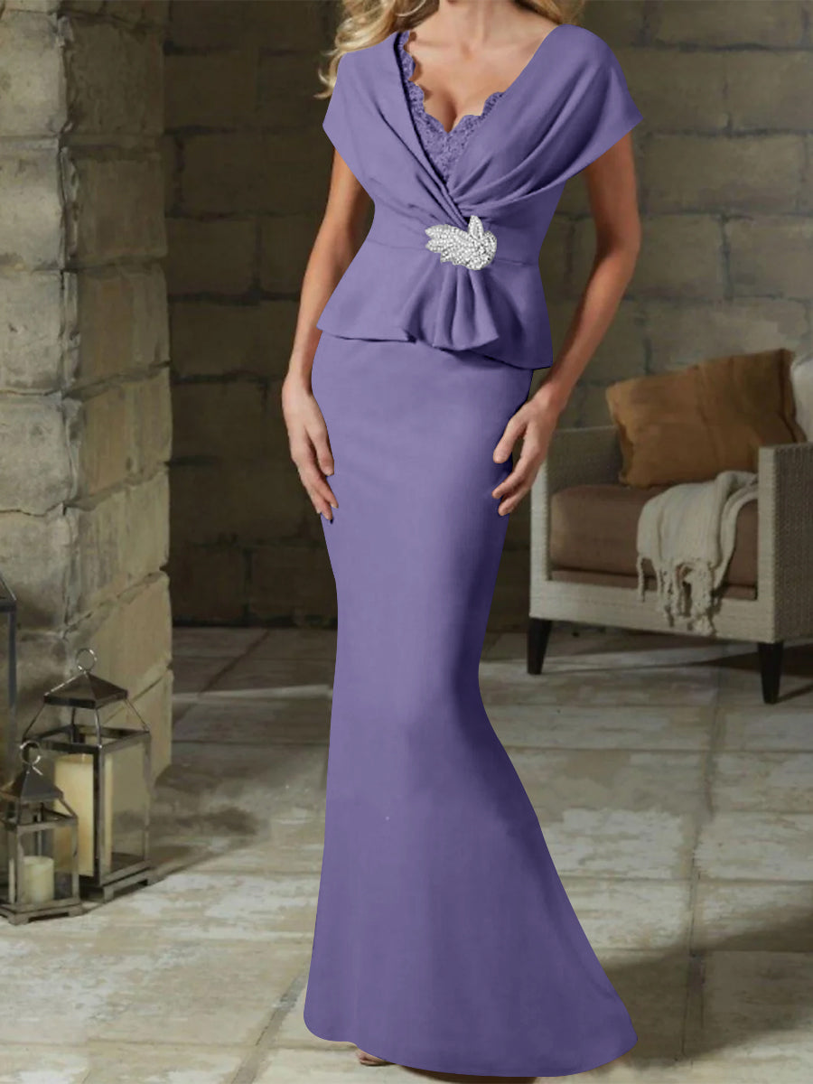 V-Neck Belted Mother of the Bride Sheath/Column Dresses-BMbridal