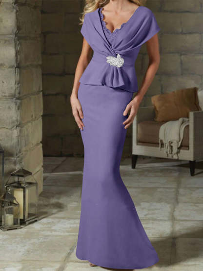V-Neck Belted Mother of the Bride Sheath/Column Dresses-BMbridal