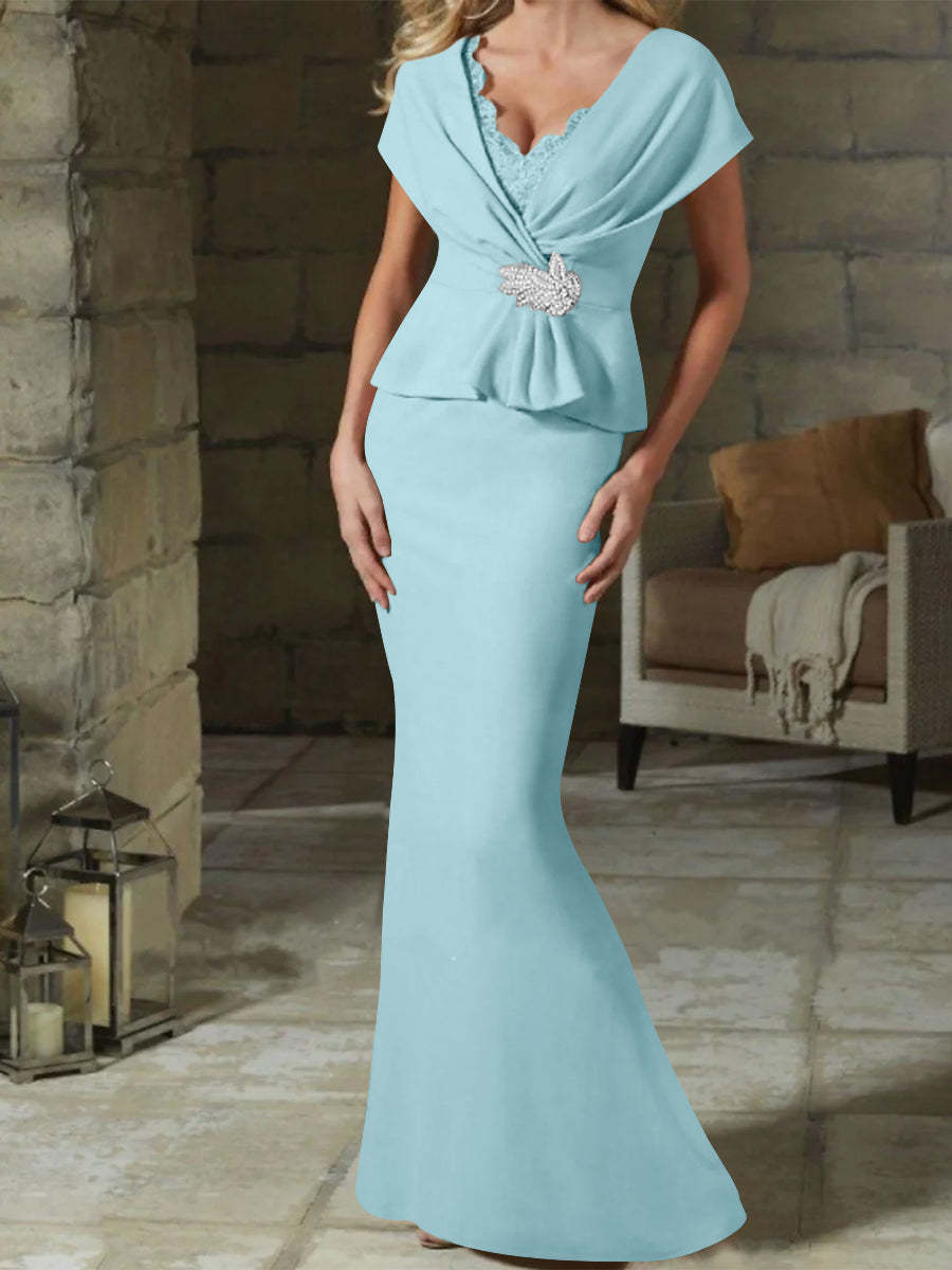 V-Neck Belted Mother of the Bride Sheath/Column Dresses-BMbridal