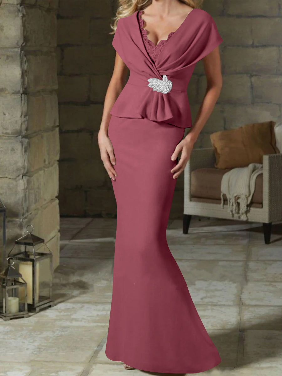 V-Neck Belted Mother of the Bride Sheath/Column Dresses-BMbridal
