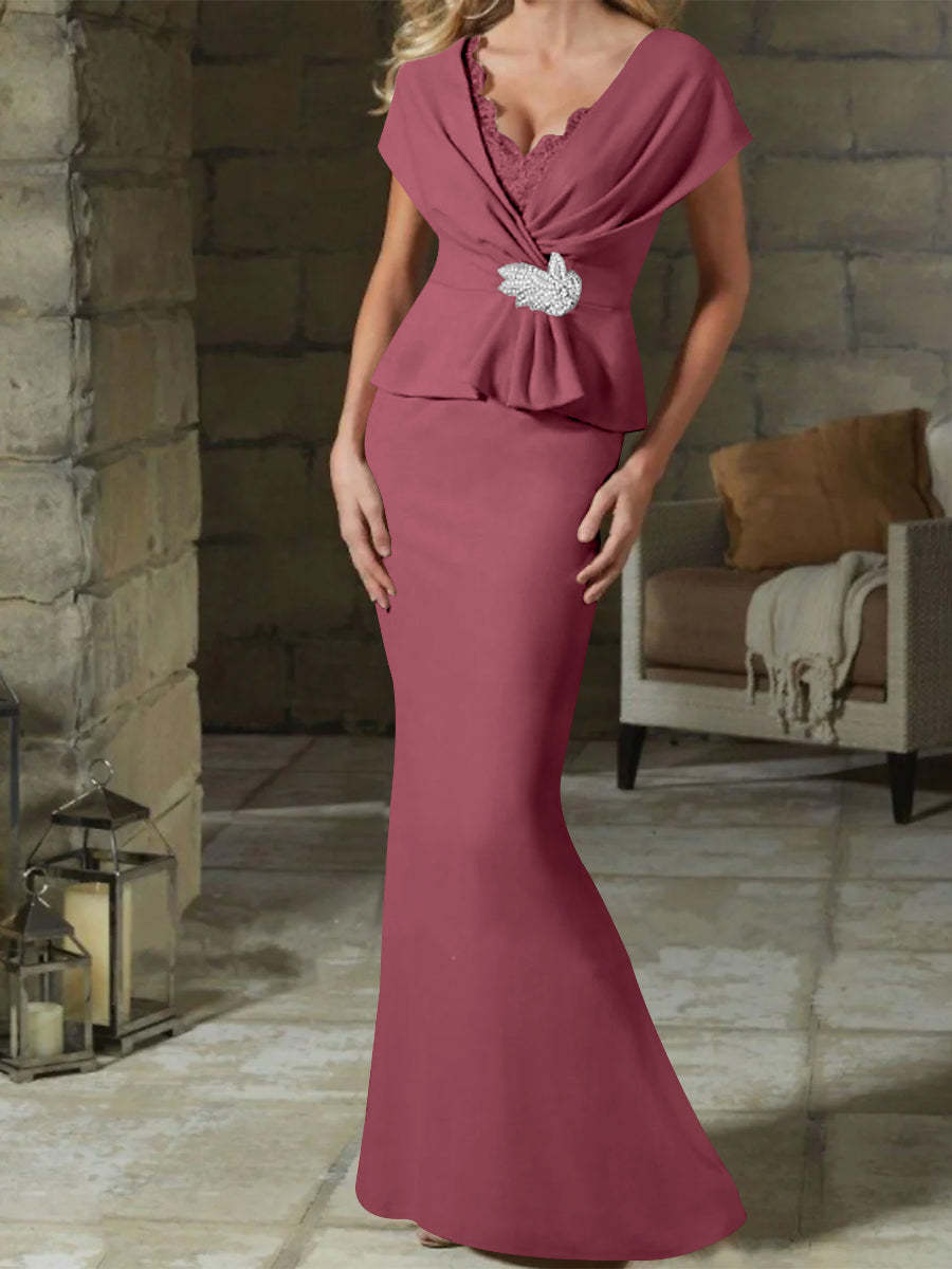 V-Neck Belted Mother of the Bride Sheath/Column Dresses-BMbridal