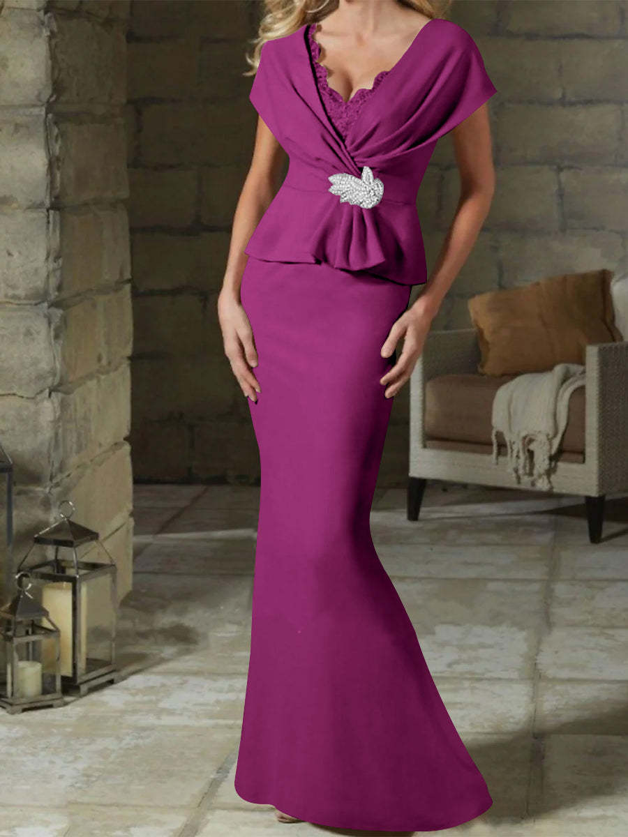 V-Neck Belted Mother of the Bride Sheath/Column Dresses-BMbridal