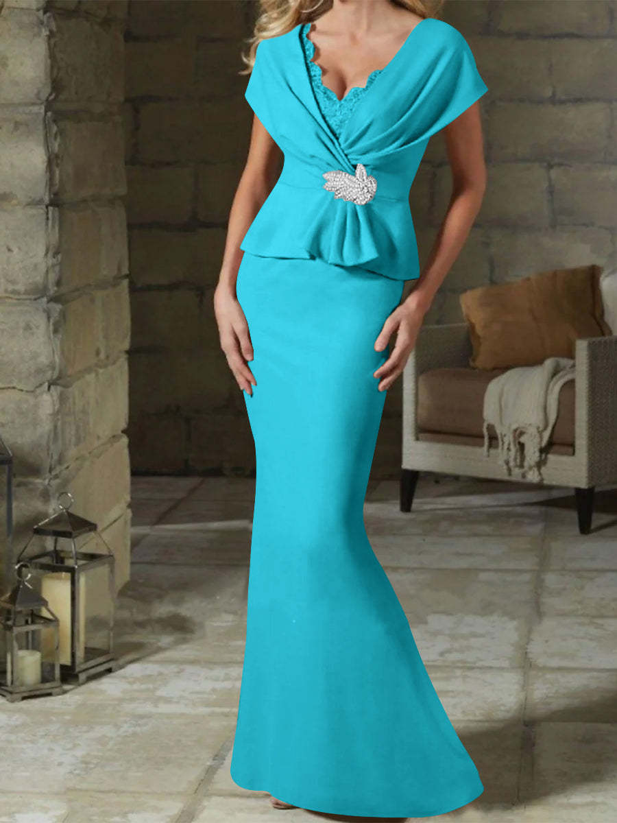 V-Neck Belted Mother of the Bride Sheath/Column Dresses-BMbridal