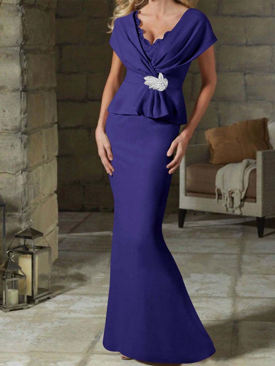 V-Neck Belted Mother of the Bride Sheath/Column Dresses-BMbridal