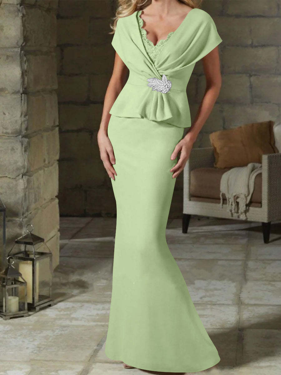 V-Neck Belted Mother of the Bride Sheath/Column Dresses-BMbridal
