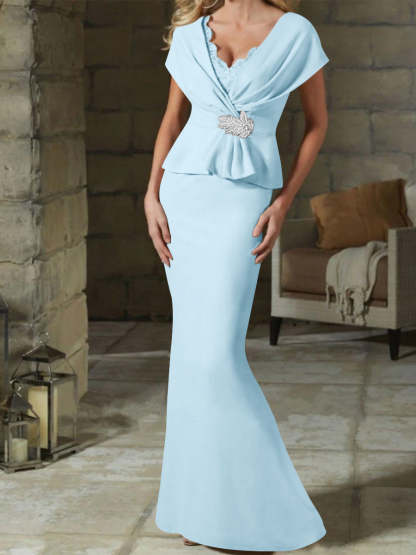 V-Neck Belted Mother of the Bride Sheath/Column Dresses-BMbridal
