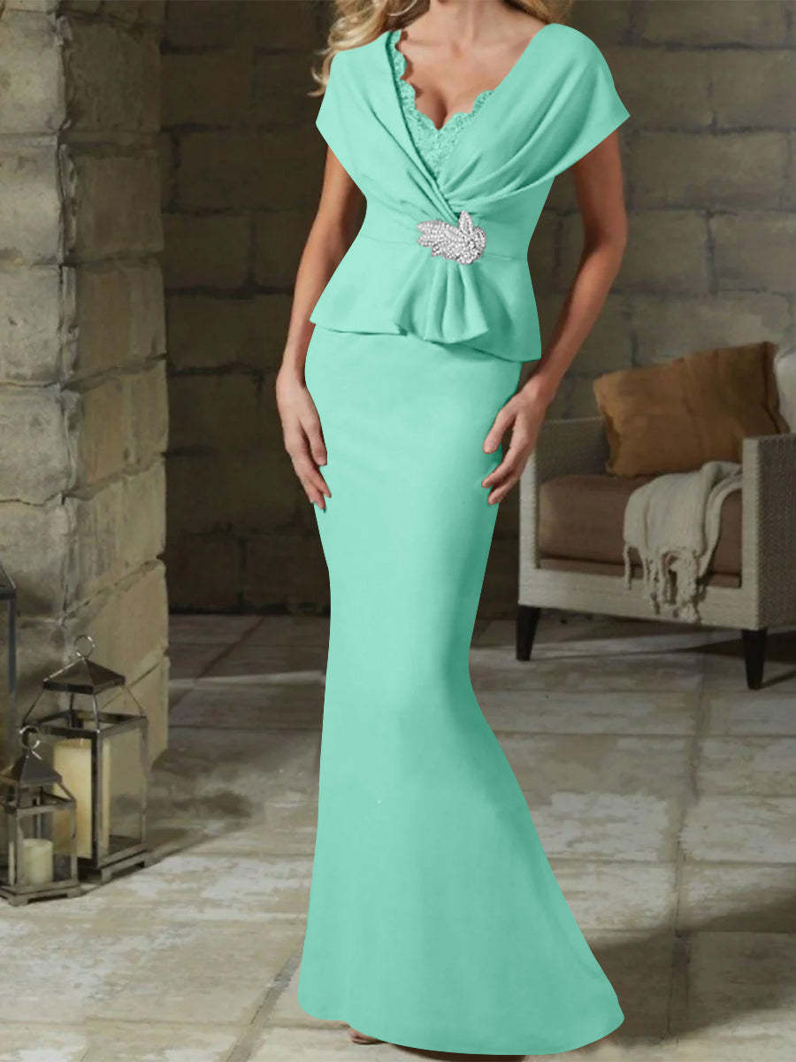 V-Neck Belted Mother of the Bride Sheath/Column Dresses-BMbridal