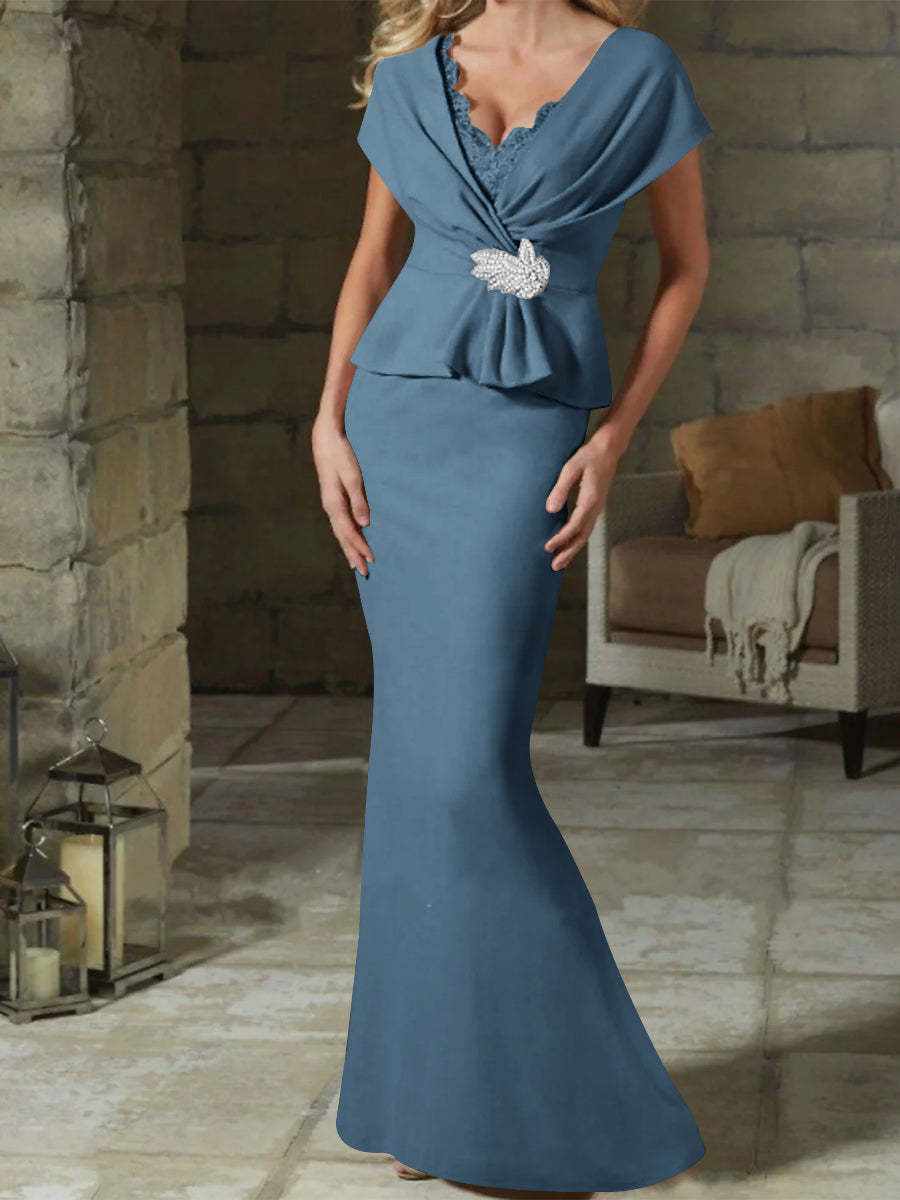V-Neck Belted Mother of the Bride Sheath/Column Dresses-BMbridal