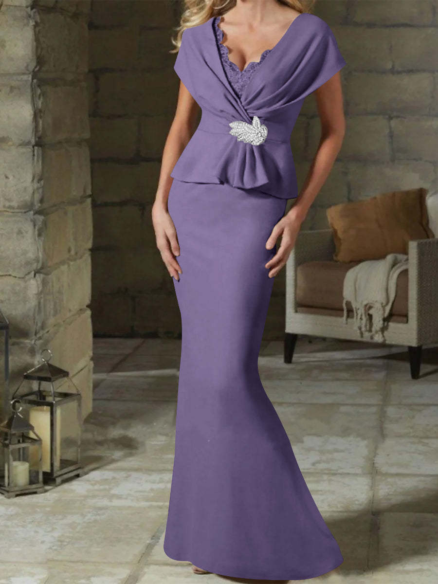 V-Neck Belted Mother of the Bride Sheath/Column Dresses-BMbridal