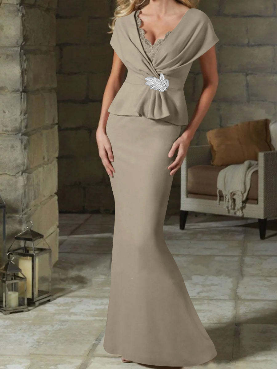 V-Neck Belted Mother of the Bride Sheath/Column Dresses-BMbridal