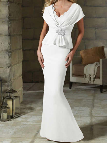 V-Neck Belted Mother of the Bride Sheath/Column Dresses-BMbridal