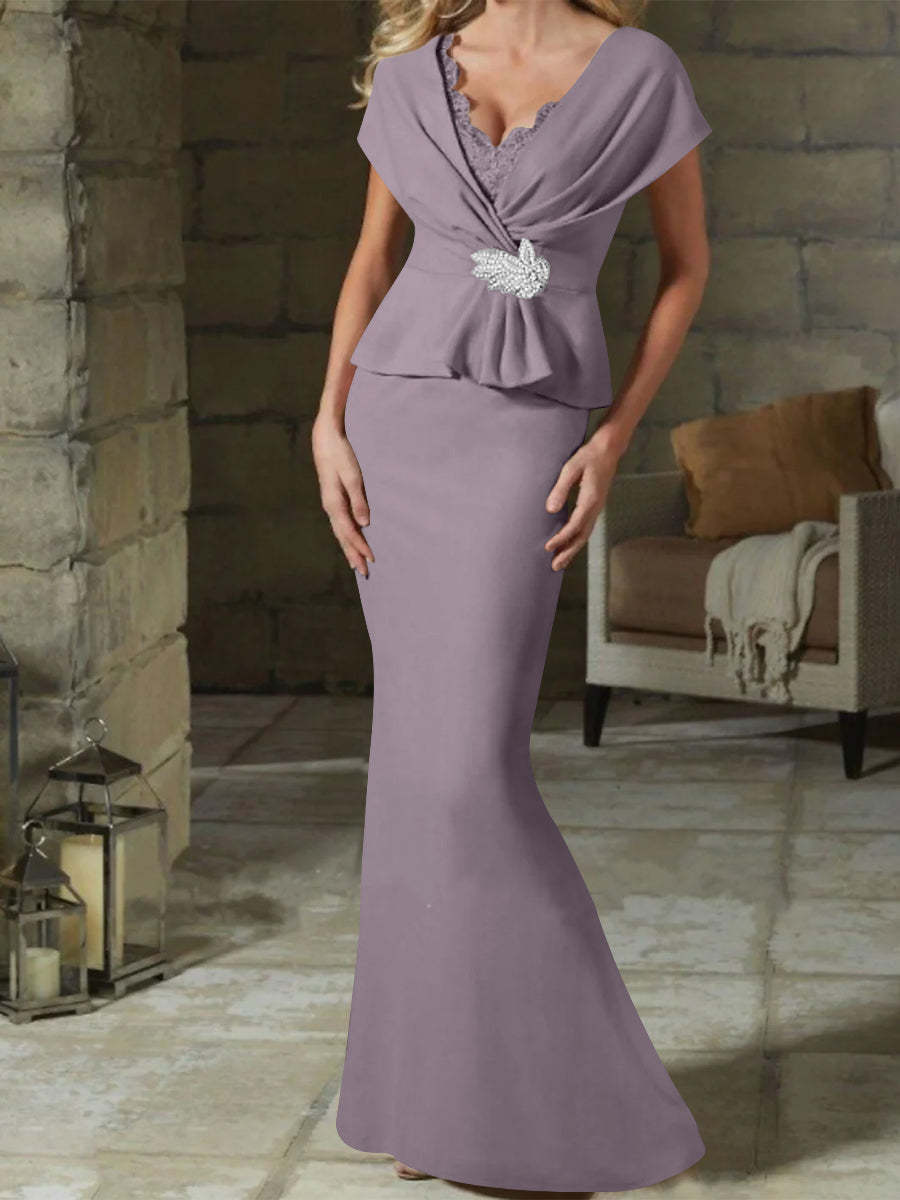 V-Neck Belted Mother of the Bride Sheath/Column Dresses-BMbridal