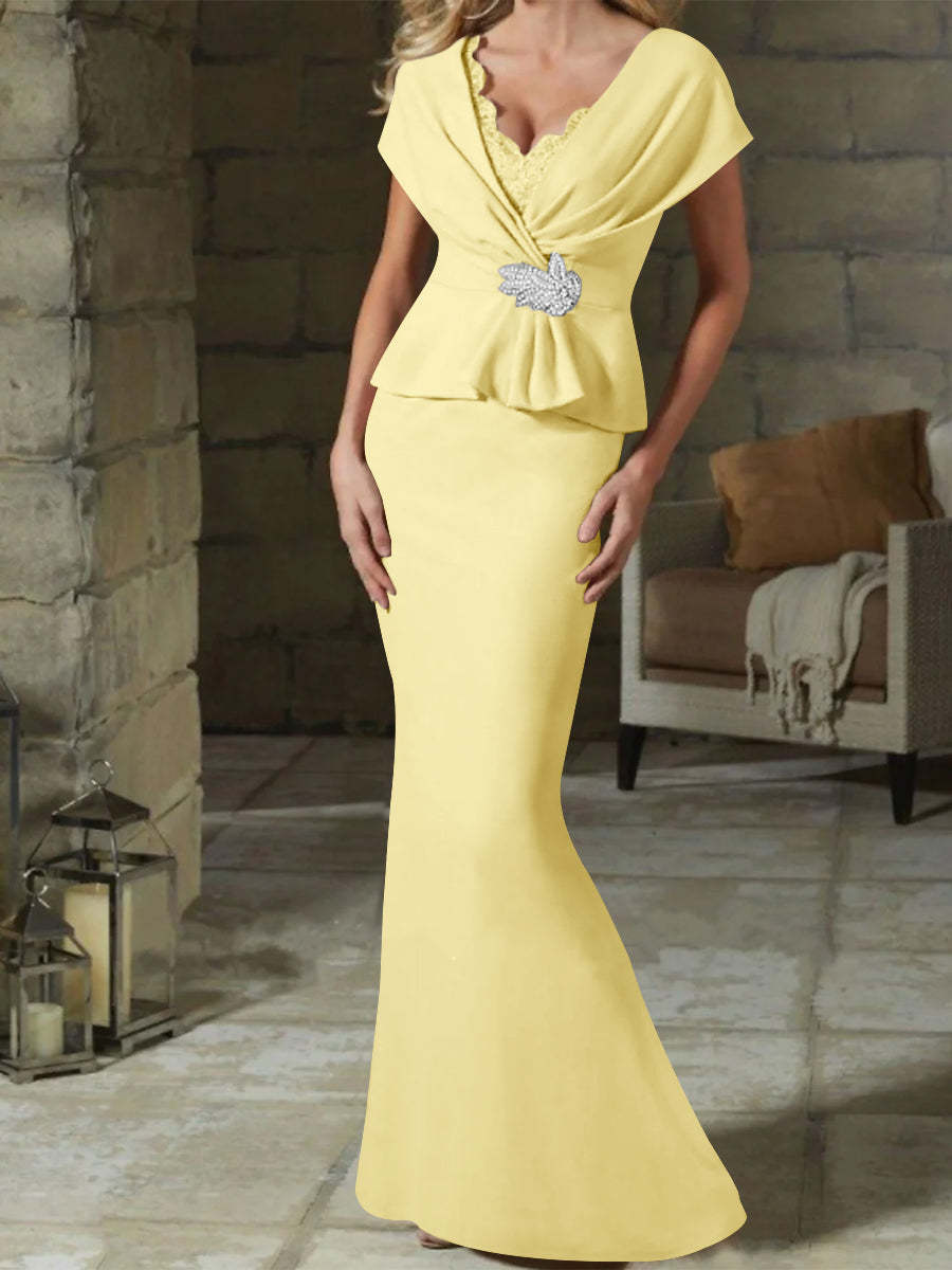 V-Neck Belted Mother of the Bride Sheath/Column Dresses-BMbridal