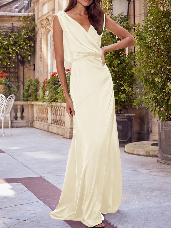 V-Neck Sleeveless Floor-Length A-Line Princess Gown for the Mother of the Bride with Ruched Details-BMbridal