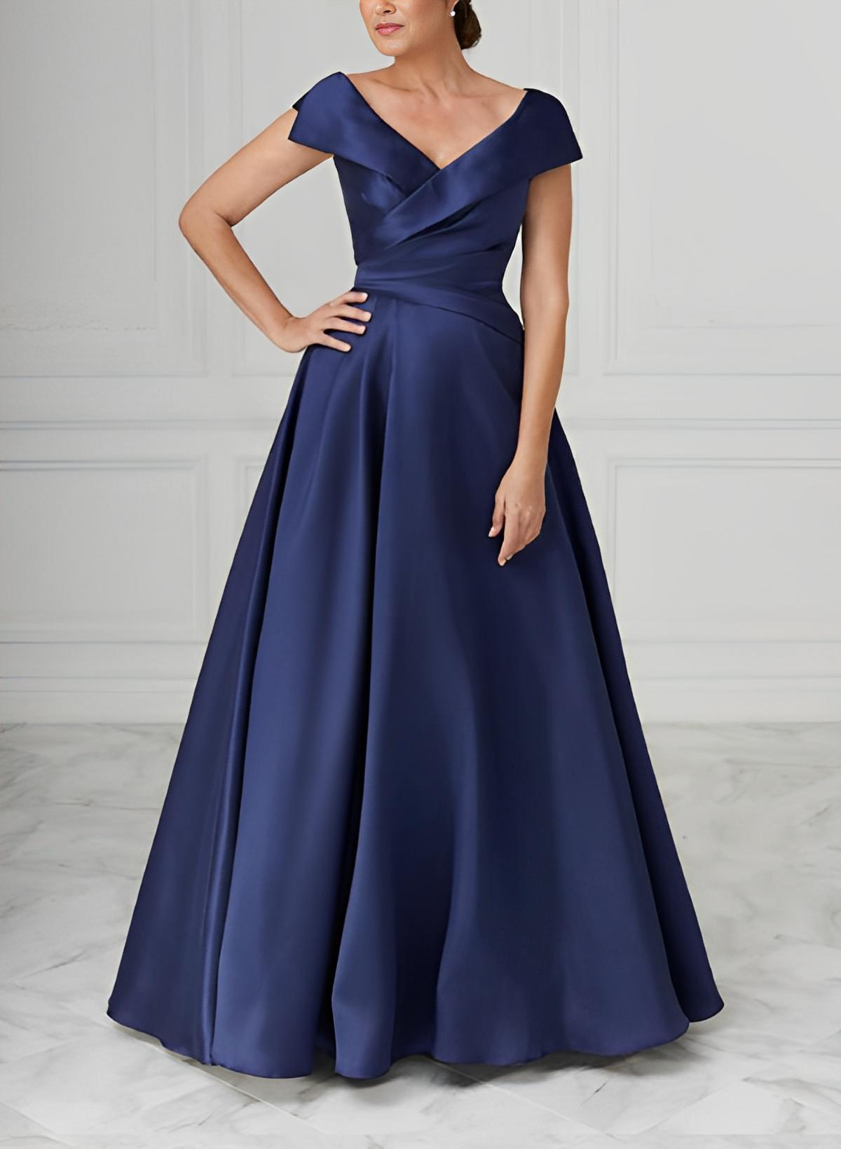 V-Neck Satin A-Line Mother of the Bride Dresses with Ruched Princess Details-BMbridal