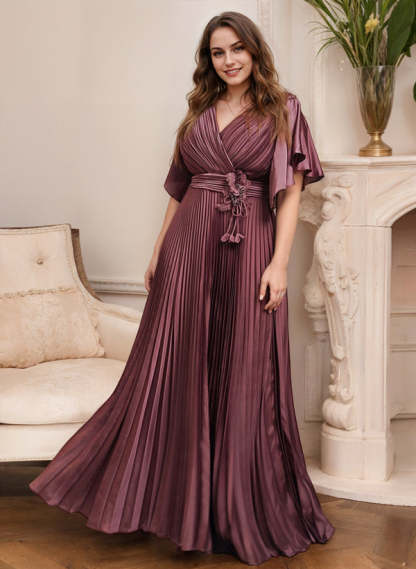 V-Neck A-Line Princess Short Sleeve Mother of the Bride Dress with Belt-BMbridal