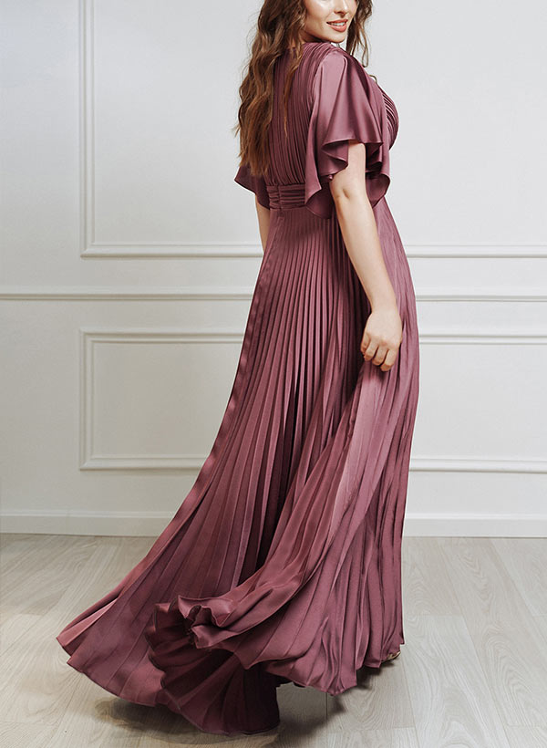 V-Neck A-Line Princess Short Sleeve Mother of the Bride Dress with Belt-BMbridal