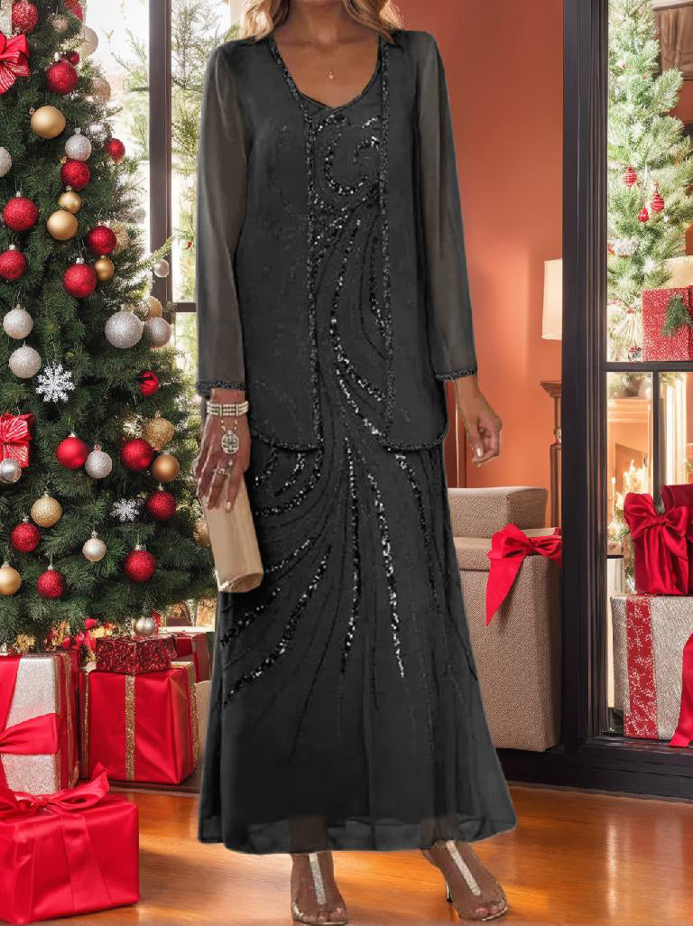 V-Neck Ankle-Length Sheath/Column Mother of the Bride Dresses with Sequins & Jacket-BMbridal
