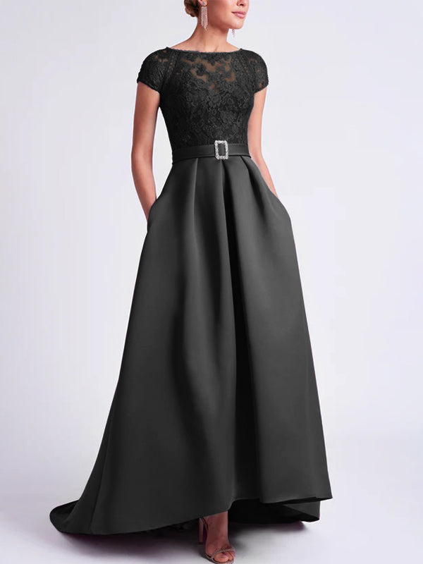 Asymmetrical A-Line Mother of the Bride Dress with Scoop Neck and Short Sleeves-BMbridal